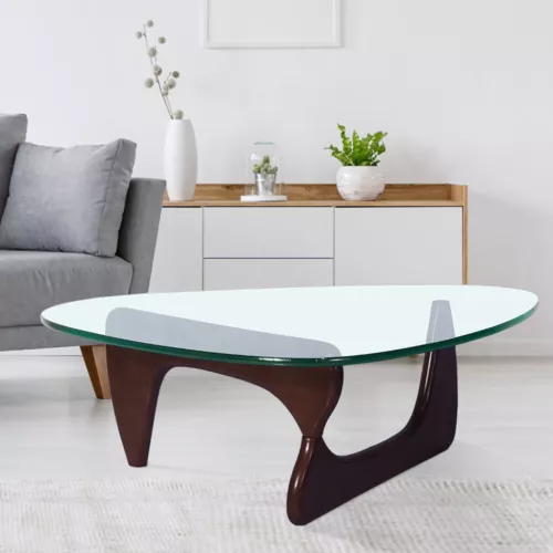 Noguchi-Style Coffee Table in Dark Walnut Wood Base Triangle Clear Glass 0.47"