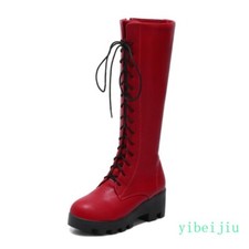 Women's Mid Block Heel Knee High Riding Boots Lace Up Shoes Platform Punk Gothic