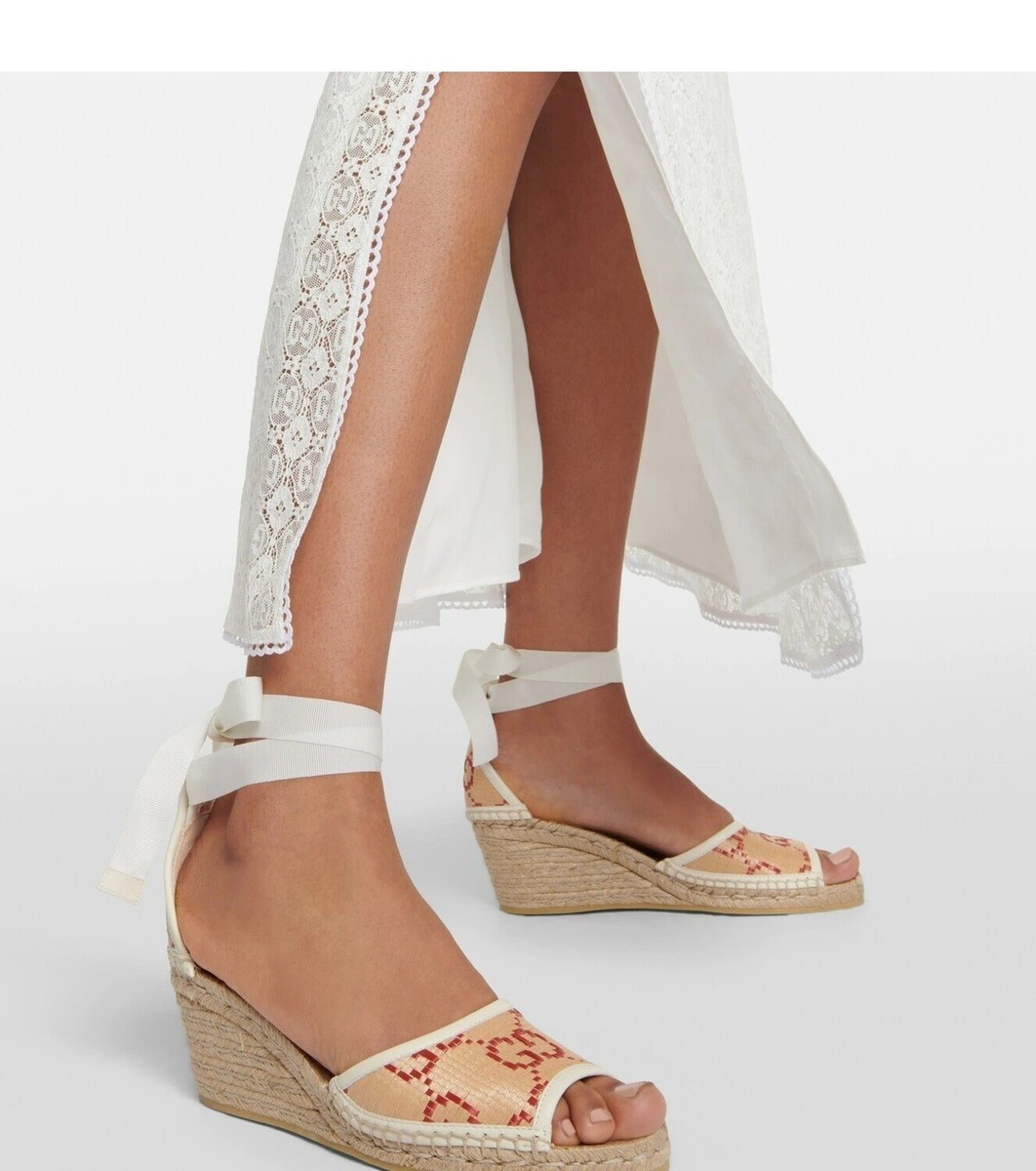 Gucci★素敵!GG raffia-effect espadrille wedge sandals NIB Gucci GG raffia-effect espadrille wedge sandals IT 39.5
