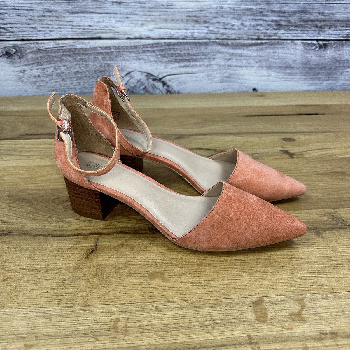 Market Spruce Salmon Pink Ankle Strap Wood Chunky Heel Size