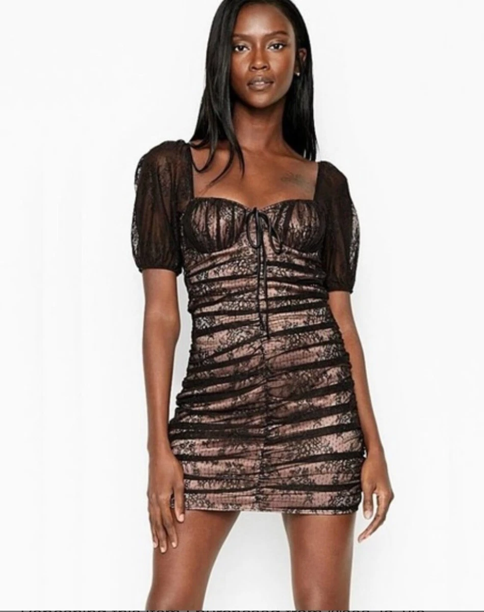 Victoria s Secret Lined Black Lace Ruched Mini Dress with Underwire NWT M L