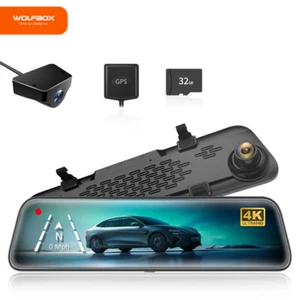 WOLFBOX 12" 4K Miroir Dash Cam WDR Caméra de sauvegarde 2160P Complet HD Gratuit SD & GPS