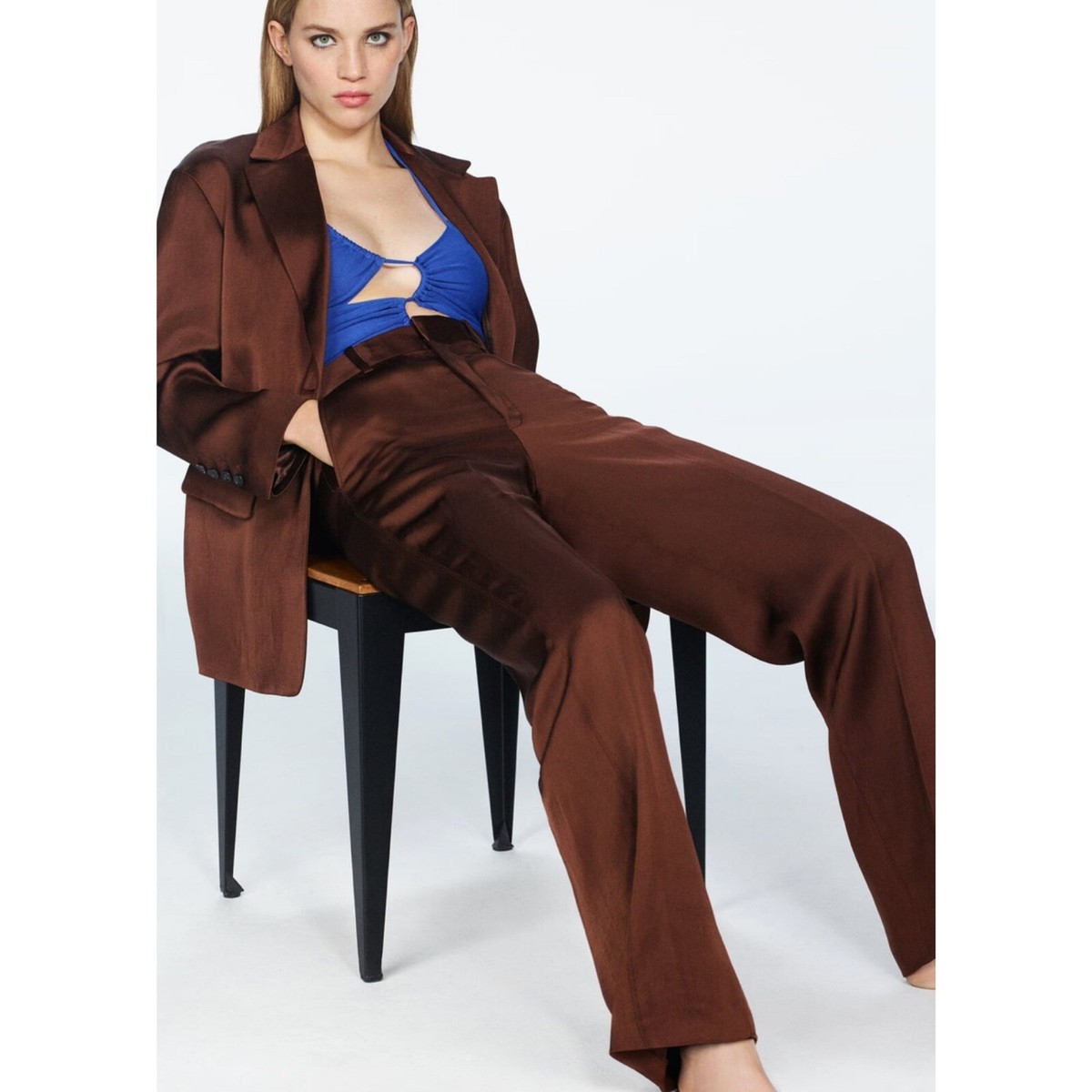 ZARA NEW Oversized Blazer Brown SS22 Size XS M Satin Effect