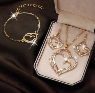 Double Heart Pendant 4Pieace Necklace Gold Shaped Women s 
