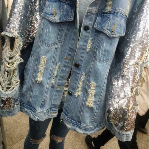 Womens Sequin Ripped Denim Jeans Loose Jacket Coat Hole Ripped Outwear Jackets - Picture 3 of 5