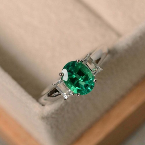 Solid 14K White Gold 2.70 Ct Natural Emerald & Moissanite Wedding Ring 7 8 9 - Foto 2 di 9