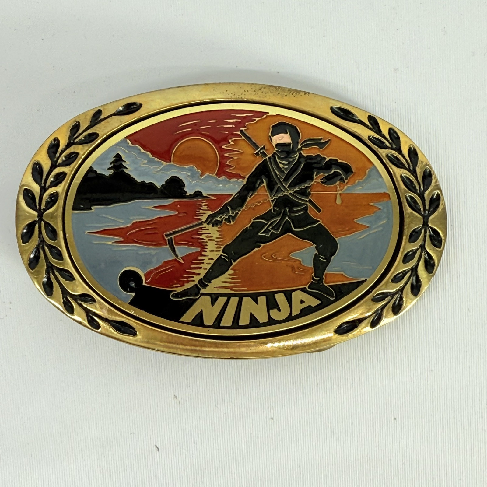 Vintage 80s Ninja Karate Kung Fu Belt Buckle Metal Enamel Martial Arts-image
