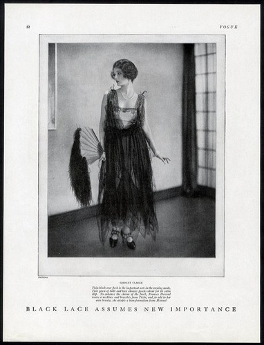 GILBERT CLARKE Fashion Ad Page 1920's Black Lace Evening Gown Big Feather Fan