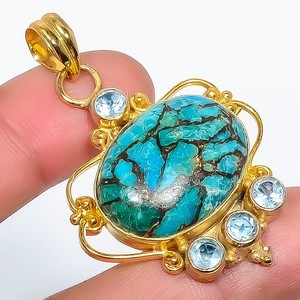Authentic Natural Blue Turquoise 925 Silver Gold Plated Pendant 2.15" P7622-522