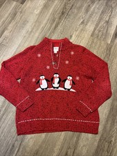 Womens Christopher Banks Vintage 1/4 Zip Red Pullover Penguin Sweater L