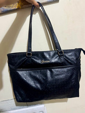 GUESS Black Logo Embossed Tote Bag Zip Top Double Handles Gold Hardware PU