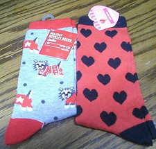 2pc Novelty Socks Ladies One Size 4-10 16 Red/Gray Puppy Dogs Hearts 324