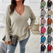PLUS SIZE Womens Stretch V Neck Ribbed Knitted Loose Tops Shirts Pullover Jumper