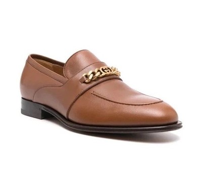 Gucci Men s Interlocking GG-Chain Link Loafers Calf Leather Brown/Gold