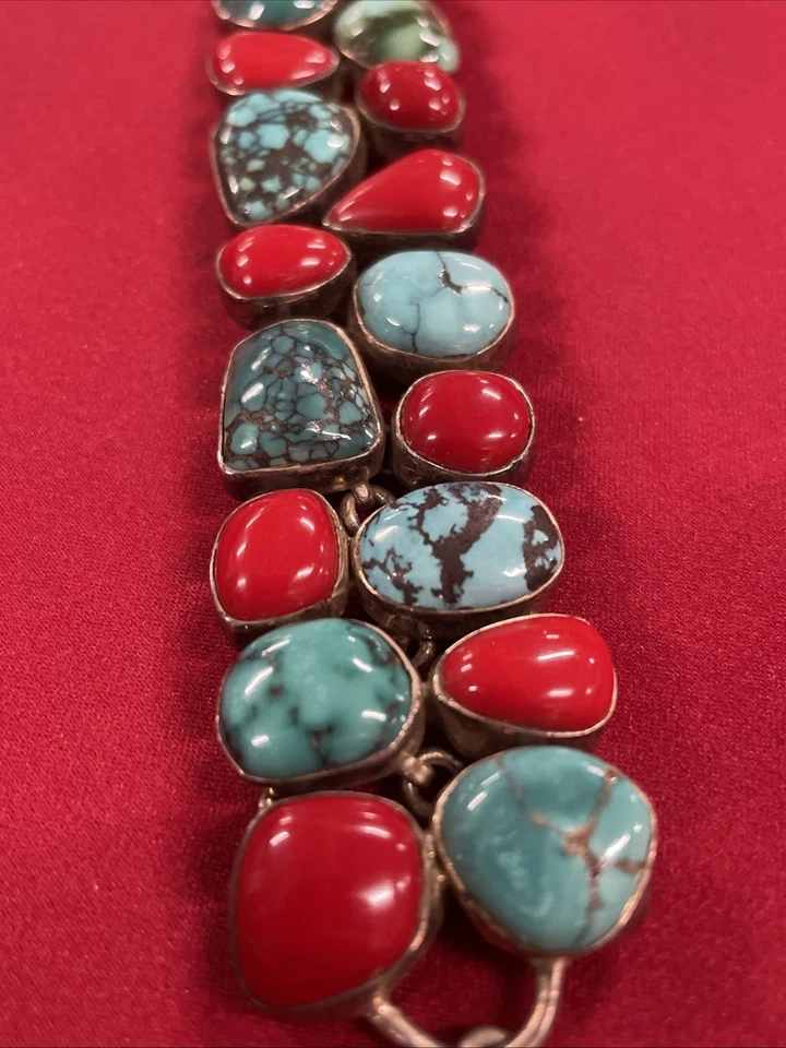 "Brazalete de plata de ley con piedras preciosas de coral azul turquesa y rojo 8""" Foto 3 de 4