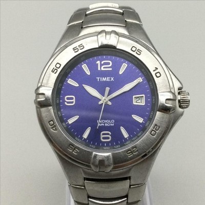 Vintage Timex Indiglo Mens Watch 39mm Blue Dial Date 2005 New Battery 7''