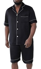 Mens Satin Pajamas Short Sleeve Button Up Top and Shorts Pj Lounge Set Black 5xl
