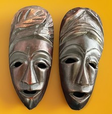 WOOD MASKS HAND CARVED VINTAGE FACE TRIBAL WOODEN AFRICAN WALL ART Tiki 7 Set
