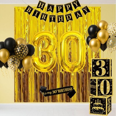 Decoracion De Cumpleaños Dorado y Negro Globos Banner Para Hombre Mujer 30 Años