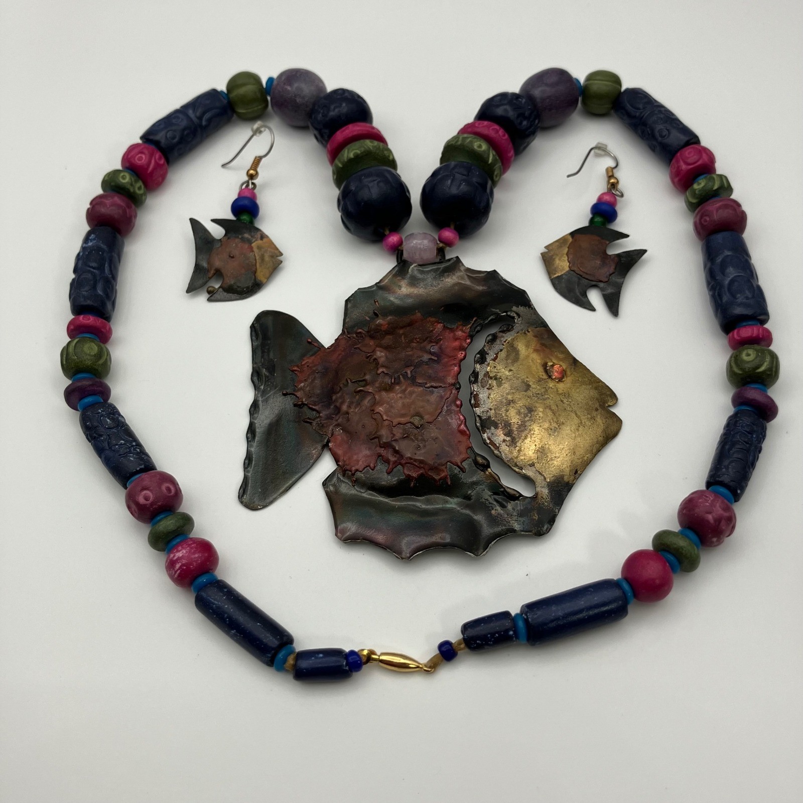Artisan Brass Fish Statement Beaded Necklace & Ea… - image 1