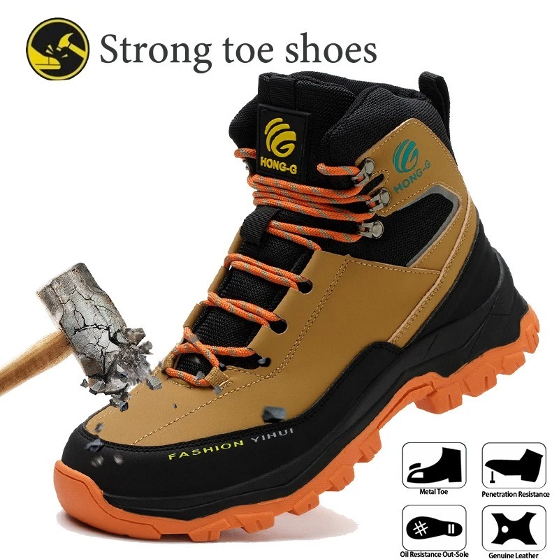 Mens Leather Safety Shoes Indestructible Steel Toe Work Boots Hiking Boots