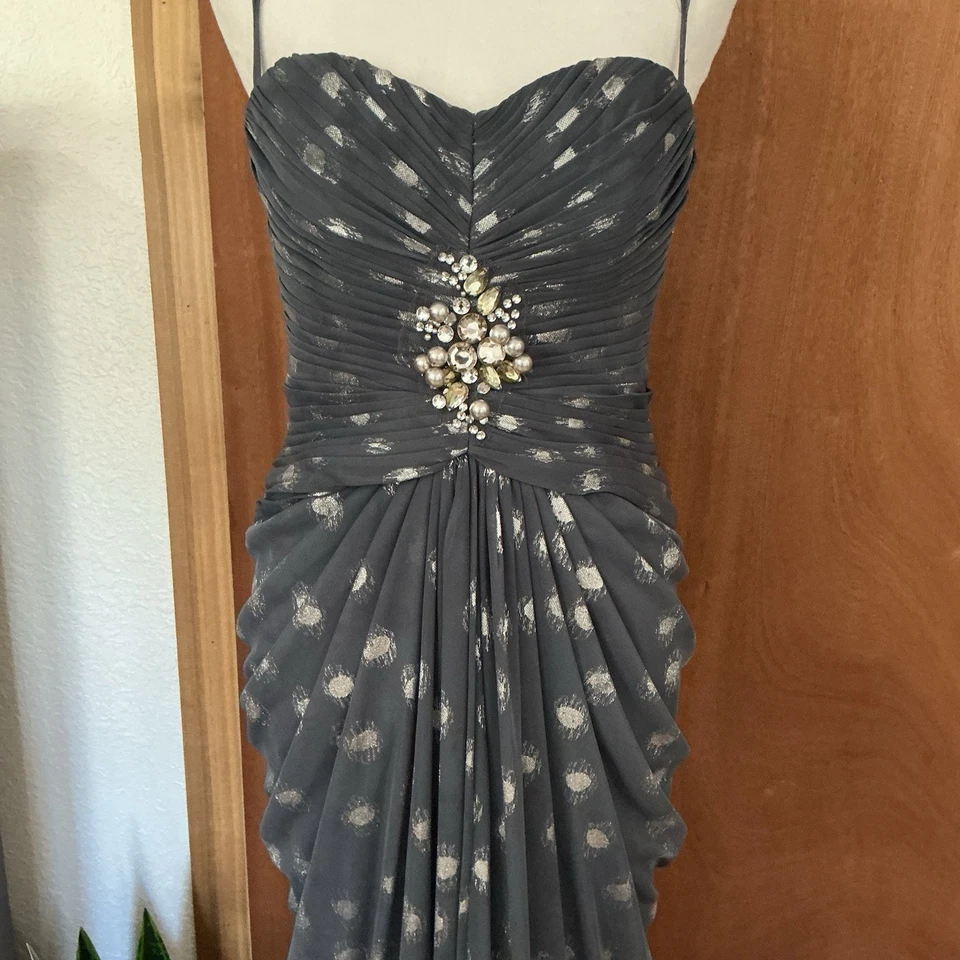 Vestido Adrianna Papell Punto Láminado Drapeado Malla Gris Talla 6 Vacaciones Fiesta Formal Foto 2 de 4