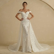 Beach Sequins Mermaid Wedding Dress 2 in 1 Detachable Train Lace Bridal Gown