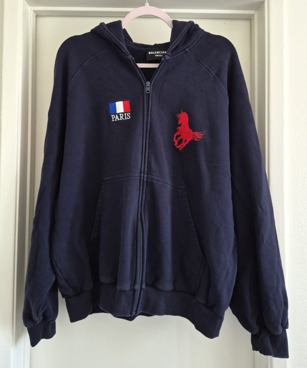 Balenciaga Unisex Paris Horse Logo Zip Up Hoodie Sweatshirt Navy