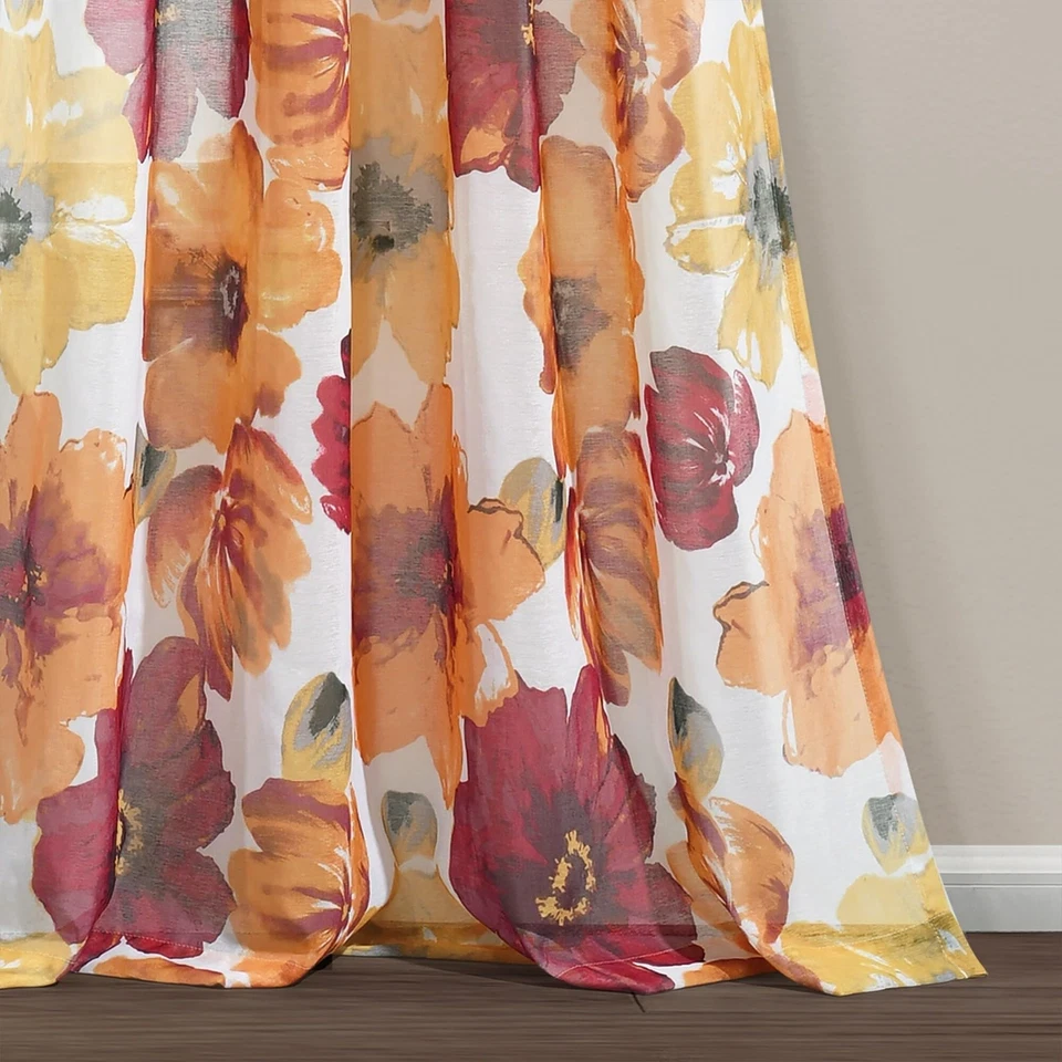 Pack de 2 cortinas transparentes Leah diseño floral 52x84 paneles rojo naranja Foto 2 de 4