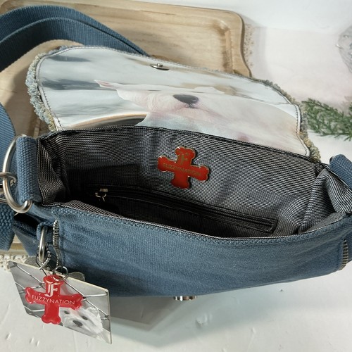Bolso Bandolera/Cartera Fuzzy Nation Blanco Westie Perro ~ Azul Denim ~ NUEVO CON ETIQUETAS ~ - Imagen 14 de 24