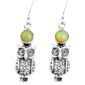 925-Sterling-Silver-2-52cts-Natural-Ethiopian-Opal-Owl-Earrings-Jewelry-P5491