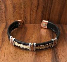 Leather Wrapped Magnetic Bracelet Energy Pain Jewelry Solid Copper Unisex Cuff