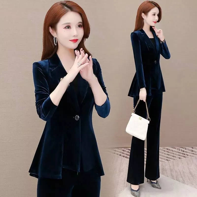 Women Faux Velvet Blazer Jacket Coat+Pants Suit Formal Business Office Lady  Set