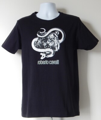 NWT ROBERTO CAVALLI SIGNATURE STRIKING TIGER GRAPHIC T-SHIRT CREWNECK BLACK LG