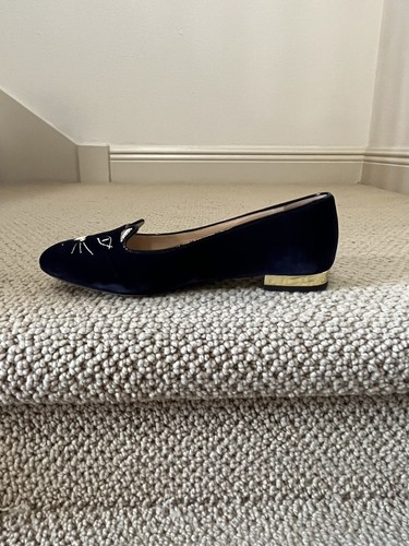 Charlotte Olympia Navy Velvet Kitty Flats - 37 1/2 - Picture 4 of 10
