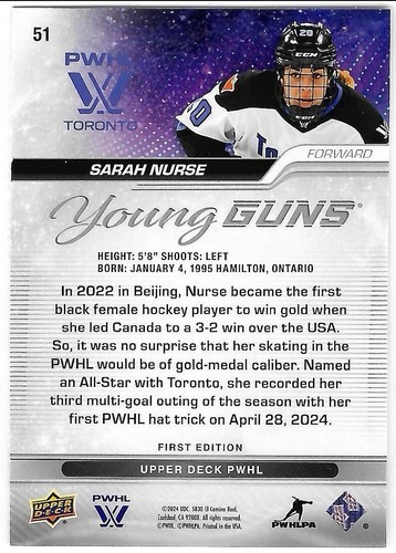 SARAH NURSE 2024-25 Upper Deck PWHL Young Guns #51 Toronto Sceptres - YG Rookie - Picture 2 of 2