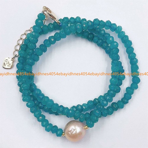 Faceted 2x4mm Blue Aquamarine Roundel Gems &11-12mm White Pearl Necklace 18" - Picture 5 of 12