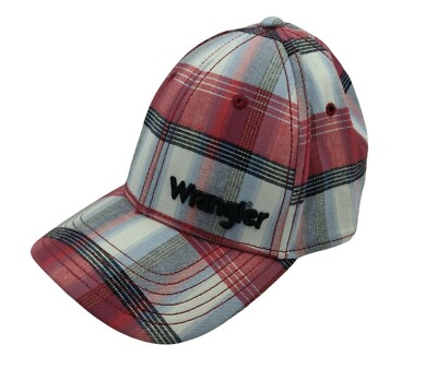 Wrangler Hat Red White Plaid Spellout Logo Baseball Fitted Hat Cap Size S/M