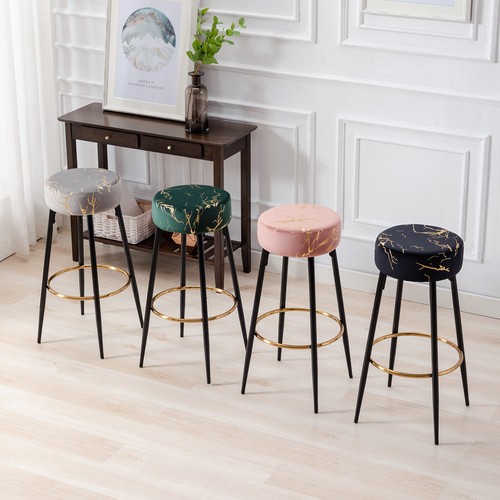 Modern Bar Stools Set of 2 Bar Height Barstools Round Velvet Kitchen Stools - Picture 33 of 35