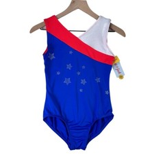 NWT Girls Red Wt Blue Star Embellished Sleeveless Asymmetric Flag Leotard XL14