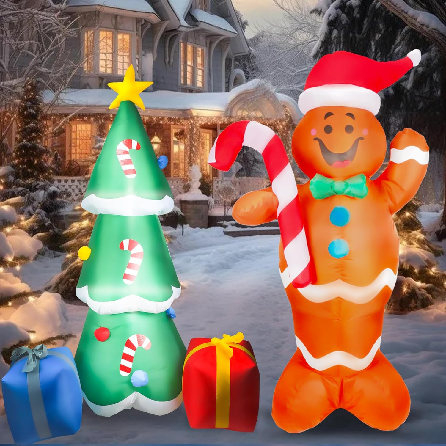 Christmas Inflatable 6FT Tree 5FT Gingerbread Man Outdoor Decoration Blow Up LED
