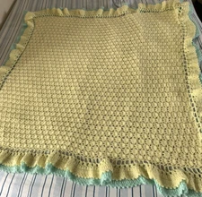 Handmade  Baby Afghan Blanket Throw Yellow Green  Ruffle 58” x 48”
