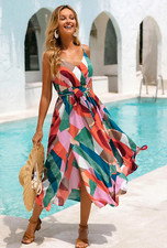CUPSHE Multicolor Print Maxi Long Dress Double Slits Front Tie Waist Sundress M