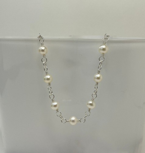 935 Argentium Silver With Pearl Beads Chain Link Women's Beach Anklets - Picture 3 of 6