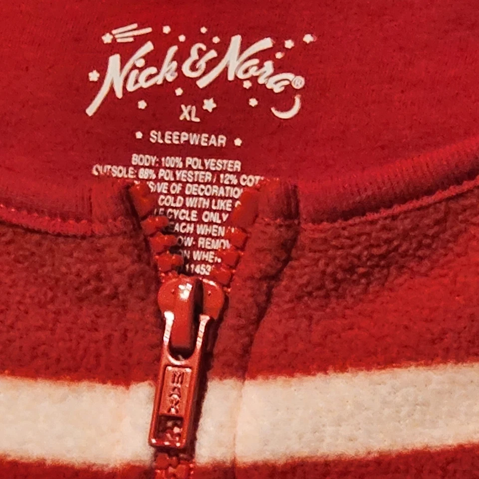 Nick & Nora XL носок обезьяна взрослых Footie пижамы красный и белый полоски флис - Изображение 2 из 4