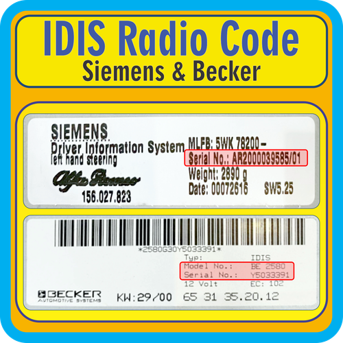 IDIS ICS Radio Code Siemens Becker BE2582 BE2580 BE2500 [without navi code] - Picture 1 of 1