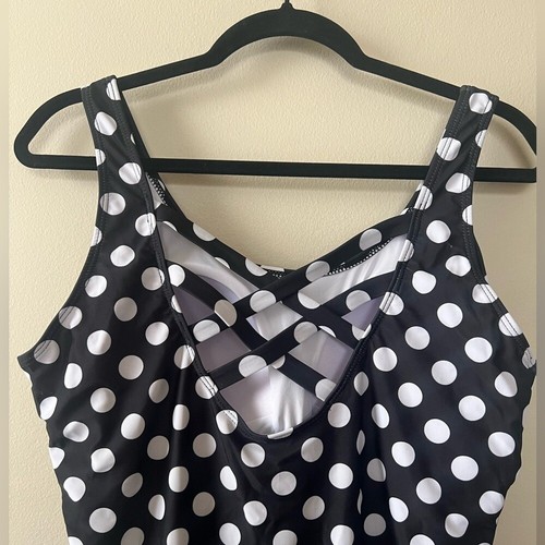 Swimsuit polka dot black white 1 piece women XXL criss cross stretch beach new - Picture 6 of 9