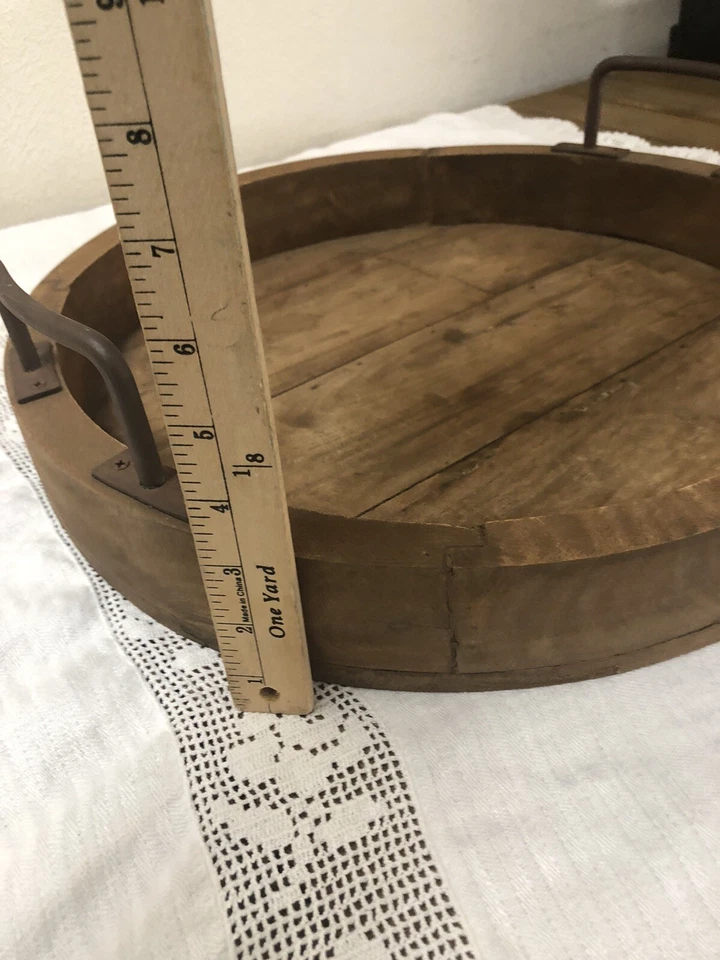 VNT Round Metal Handles & Wood Serving Tray Rustic Outdoor Log Cabin Decor 17.5" - Image 4 of 4