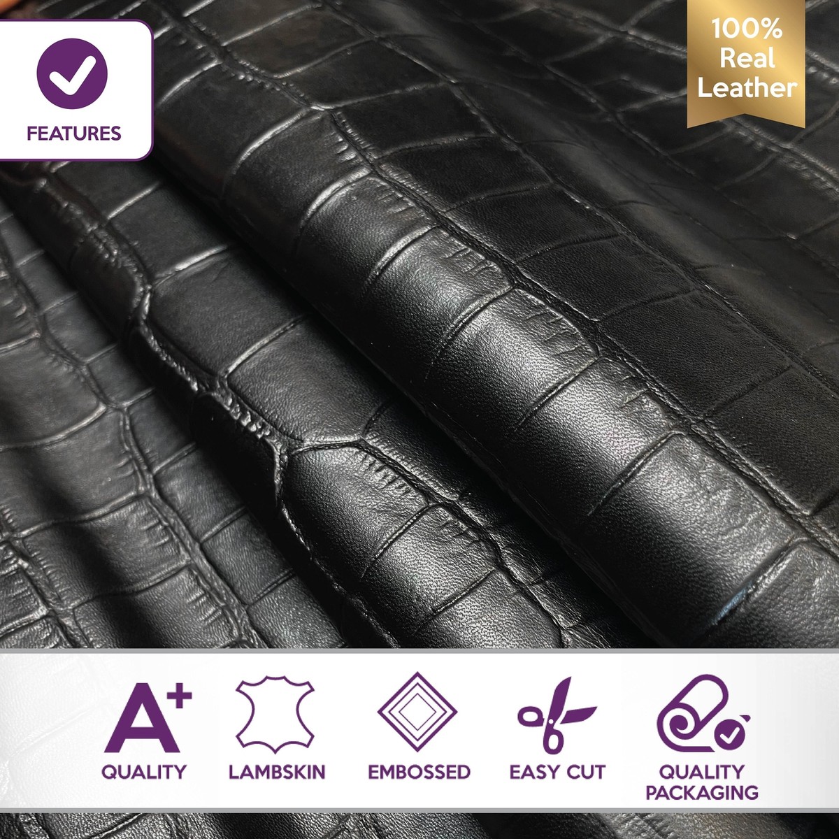 BLACK Alligator Print Leather 6-9sqft Super Thin Lightweight BLACK Alligator Print Leather 6-9sqft Super Thin Lightweight