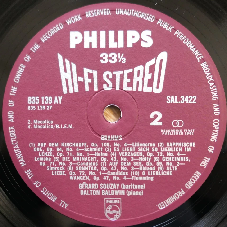 SAL 3422 ED1 Beethoven Brahms Lieder Gerard Souzay NM Philips HI-FI STEREO 1st - Image 4 of 4